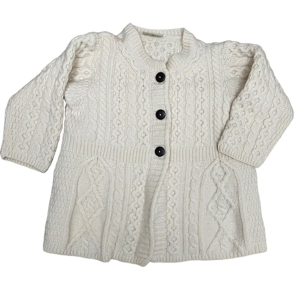 Irish 100% Merino Wool Fisherman Cable Knit Sweater Women's XS Ivory 3/4 Sleeve